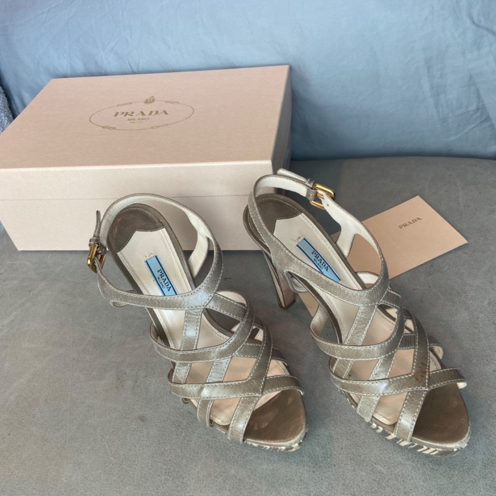 Prada Platform Stiletto Strappy Sandals with striped wooden heals - Picture 6 of 9